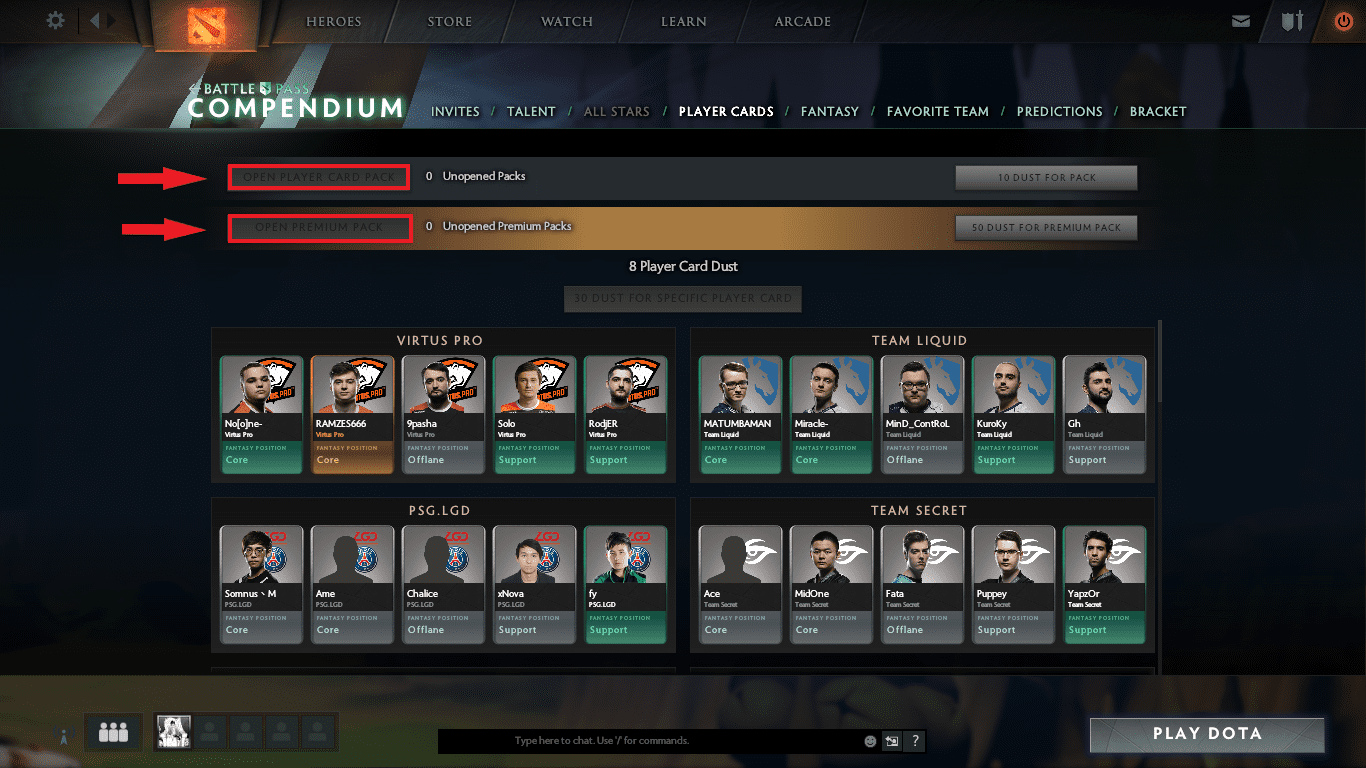 I can not open the player card packs and select a favorite team :: Dota 2 Generelle diskusjoner