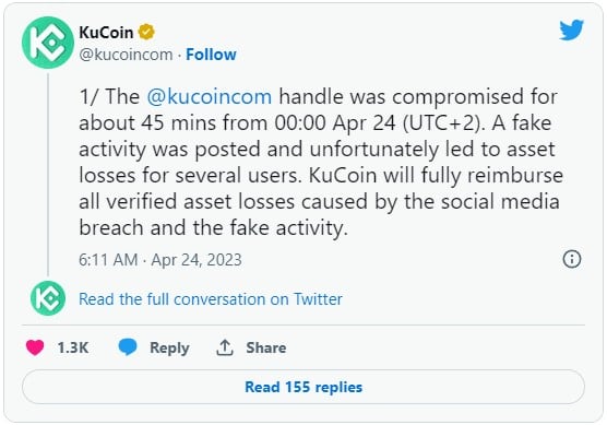 KuCoin's Twitter account hacked to promote crypto scam