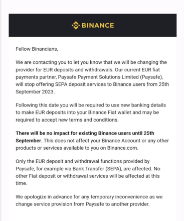 Binance to Lose Support of its EUR Banking Partner in September - The Chain Bulletin