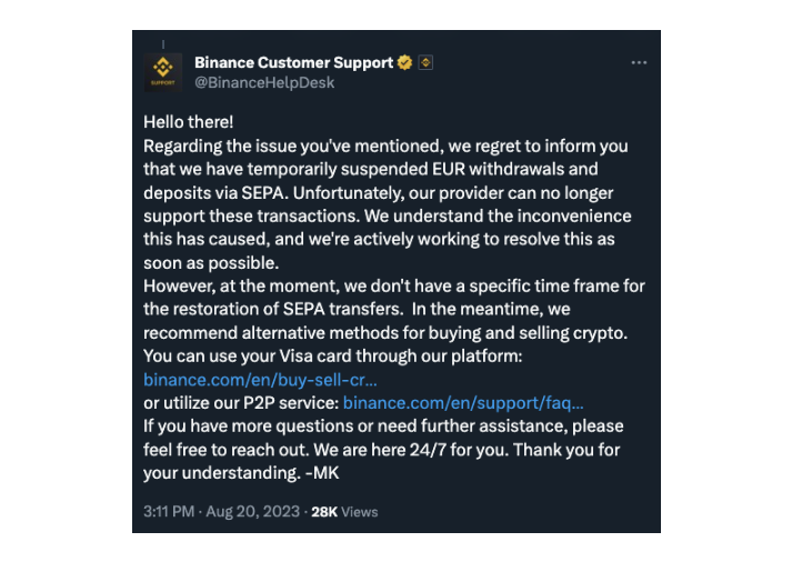 Binance Changed EUR Banking Partner Due To Paysafe Stop Serving From Sep 25 - Coincu