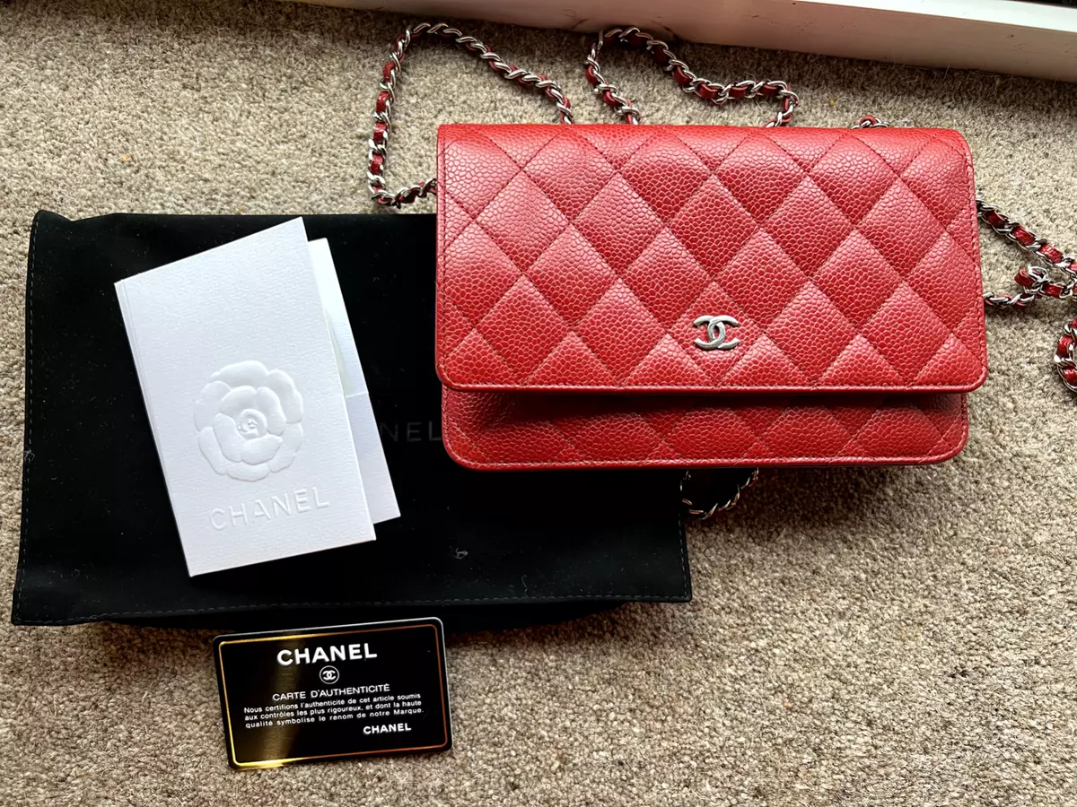 CHANEL Grained Calfskin & Gold-Tone Metal Wallet On Chain Red