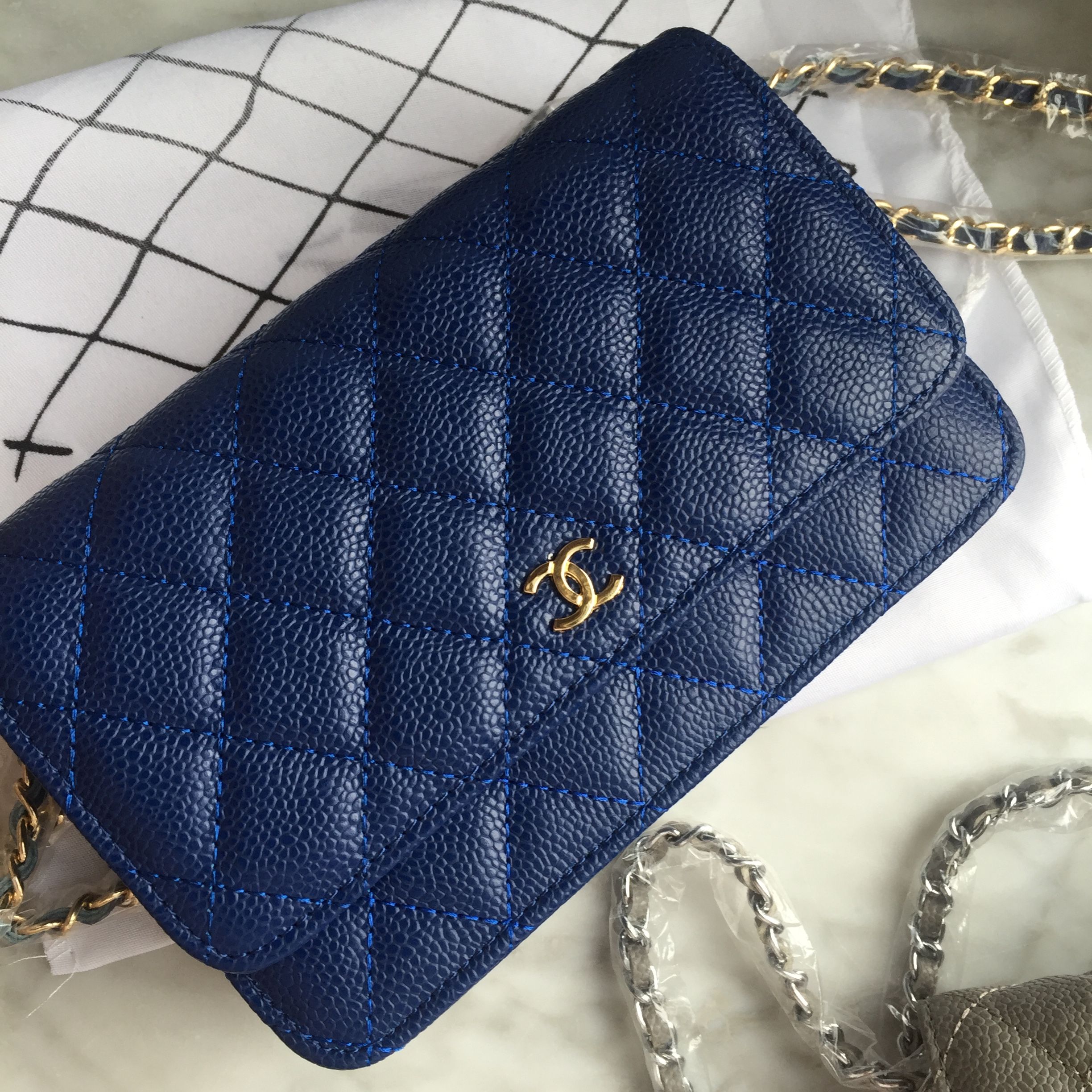 Chanel Wallet On Chain (WOC) Blue Patent SHW - Luxe Du Jour