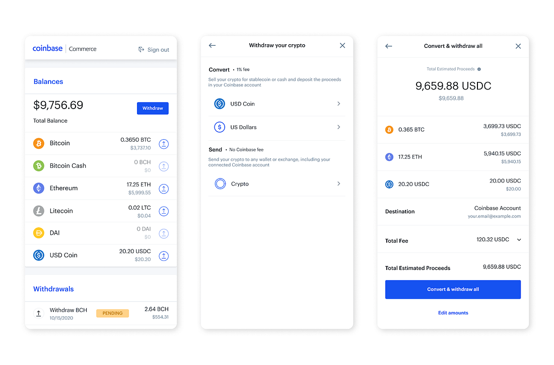 Coinbase Commerce now allows merchants to convert crypto to fiat from within the platform